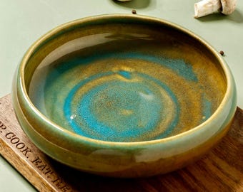 Olive Green Rounded Decorative Ceramic Bowl: 20cm Handmade Shallow Dish, Stoneware Pasta Bowl