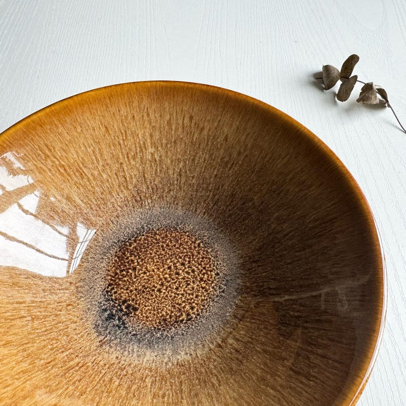 May include: A glazed ceramic bowl with a warm brown color gradient. The center has a textured, speckled appearance, transitioning to a smooth, glossy rim. The bowl's design is complemented by a dried plant sprig.