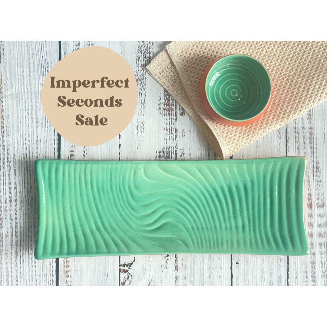 Imperfect Seconds Sale-Coral Turquoise Long Snack Platter in Handmade Stoneware, Sushi Platter, Serving Tray, Rectangular Ceramic Plate