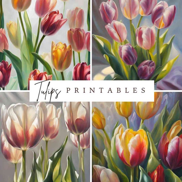 Lot de tulipes imprimables, téléchargements numériques instantanés, 4 fichiers JPG + 1 image bonus, style de peinture à l'huile de tulipes de Pâques, impression numérique de fleurs