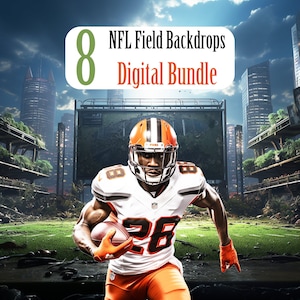 Könnte beinhalten: Ein digitales Bundle mit 8 NFL-Feldhintergründen. Das Bild zeigt einen Footballspieler in einem weißen und orangefarbenen Trikot, der mit dem Ball auf einem grünen Feld rennt. Der Hintergrund ist eine futuristische Stadt mit hohen Gebäuden und üppiger Vegetation.
