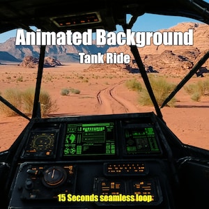 Könnte beinhalten: Eine Wüstenlandschaft, die aus dem Cockpit eines futuristischen Fahrzeugs betrachtet wird. Das Fahrzeug hat ein Armaturenbrett mit mehreren digitalen Anzeigen und einem Lenkrad. Der Text "Animated Background Tank Ride 15 Seconds seamless loop" ist am unteren Rand des Bildes sichtbar.