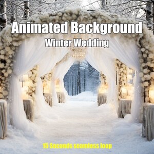 Puede incluir: Fondo animado de una ceremonia de boda de invierno con un arco blanco decorado con flores blancas y velas. El arco se encuentra en un entorno de bosque nevado con un camino blanco que conduce al arco. El texto "Animated Background Winter Wedding" está en la parte superior de la imagen. El texto "15 Seconds seamless loop" está en la parte inferior de la imagen.