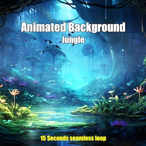 May include: Animated background of a lush jungle with a stream running through it. The background is blue and green with glowing lights and a text overlay that reads "Animated Background Jungle 15 Seconds seamless loop".