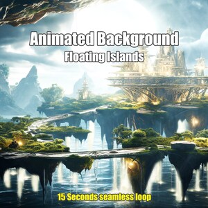 Puede incluir: Fondo animado con islas flotantes, cascadas y vegetación exuberante. Las islas están conectadas por un camino sinuoso. El texto "Animated Background Floating Islands" y "15 Seconds seamless loop" es visible.