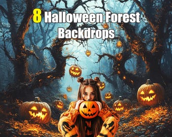 8 Halloween Forest Backdrops - Mysteriously Eerie Overlays -Chilling and Enigmatic Atmosphere, Shadowy Woods, Digital Background & Wallpaper