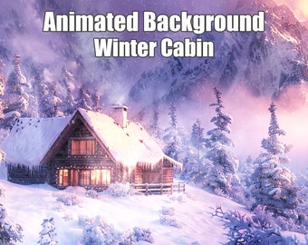Puede incluir: Fondo animado con una cabaña acogedora ubicada en un paisaje montañoso nevado. La cabaña tiene un brillo cálido desde las ventanas y está rodeada de árboles cubiertos de nieve. El texto "Animated Background Winter Cabin" y "15 Seconds seamless loop" es visible en la parte superior e inferior de la imagen.