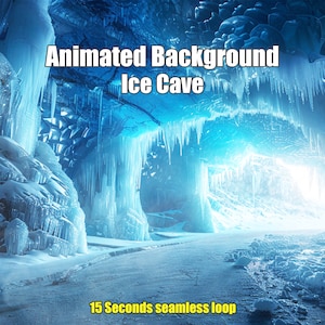 May include: Animated background of an ice cave with a blue and white color scheme. The cave has icicles hanging from the ceiling and a path leading into the distance. The text "Animated Background Ice Cave" and "15 Seconds seamless loop" are visible in the image.