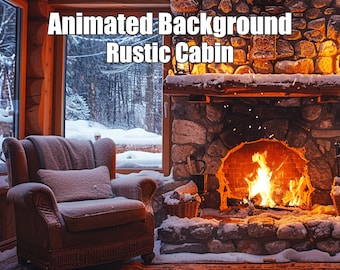 Puede incluir: Un acogedor interior de cabaña rústica con una chimenea, un sillón mullido cubierto de nieve y una ventana con vista a un bosque nevado. La chimenea está encendida con llamas y el texto "Animated Background Rustic Cabin" se muestra sobre la chimenea. El texto "15 Seconds seamless loop" se muestra debajo de la imagen.