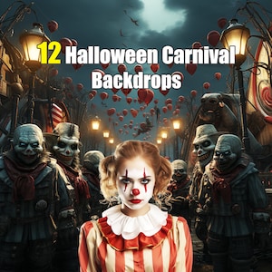 12 Halloween Sinister Carnival of Delights: Hauntingly Fun Backdrops - Ideal for a Macabre and Amusing Atmosphere, creepy clowns