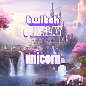 Puede incluir: Una superposición de texto púrpura y blanco sobre un paisaje de fantasía con un unicornio y un castillo. El texto dice "twitch overlay unicorn".