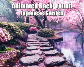 May include: Animated background of a Japanese garden with a stone path leading to a pond. The trees are in bloom with pink flowers and the water is a light blue color. The text "15 Seconds seamless loop" is at the bottom of the image.