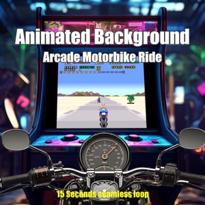 May include: A vintage arcade game screen showing a pixelated motorbike race. The screen is set inside a motorcycle with a speedometer and handlebars. The text on the screen reads "COURSE CHERISCO 37" and "SPEED 306KM". The text below the image reads "15 Seconds seamless loop".