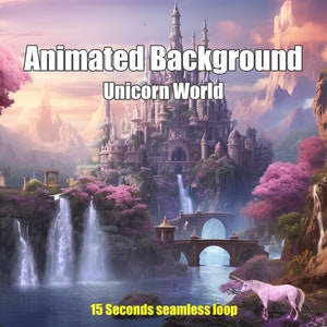 Puede incluir: Fondo animado con un mundo mágico de unicornios con un unicornio rosa de pie frente a una cascada y un puente. El fondo incluye un gran castillo en una montaña con árboles de cerezo en flor rosa. El texto "Animated Background Unicorn World" y "15 Seconds seamless loop" se muestra en la imagen.