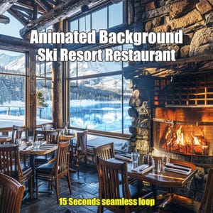 Puede incluir: Un acogedor restaurante de esquí con grandes ventanales con vistas a un lago nevado y una chimenea con fuego crepitante. El restaurante tiene mesas y sillas de madera, y el texto "Animated Background Ski Resort Restaurant 15 Seconds seamless loop" se muestra en la parte superior de la imagen.
