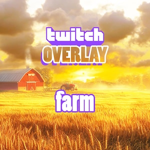 Könnte beinhalten: Ein Twitch-Overlay-Grafik mit einem Farm-Thema. Die Grafik zeigt eine rote Scheune, einen Traktor und ein Weizenfeld. Der Text "twitch overlay farm" wird in einer lila und weißen Schrift angezeigt.