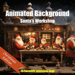 Puede incluir: Fondo animado que presenta un taller de Navidad con cuatro Papá Noeles trabajando en una mesa haciendo juguetes. El taller está decorado con luces y nieve. El texto "Animated Background Santa's Workshop Christmas Edition 15 Seconds seamless loop" es visible en la parte inferior de la imagen.