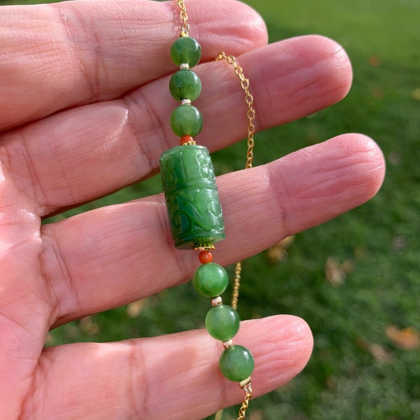 Canadian Nephrite Jade 19" Necklace Hand Carved Round Cylinder Bead and Six 6mm Round Beads Handmade A Grade Bright Green Color