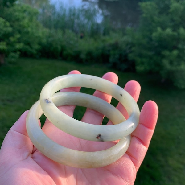 New Shop Promotion: Large Size Pale Green Jade Bangle Serpentine 65mm/ 66mm X 12mm B Grade One Has Exposed Metal Inclusion for Men and Women