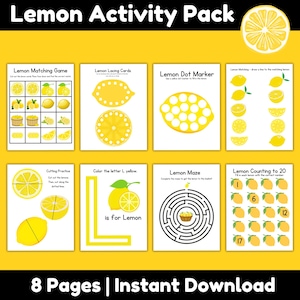 May include: A yellow and white "Lemon Activity Pack" with eight pages of educational activities. Includes a lemon matching game, lacing cards, dot marker activity, cutting practice, maze, and counting exercises. The text "Instant Download" is at the bottom.