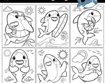 印刷できるサメのぬり絵、夏のサメ週間の印刷物、海のテーマ、海の動物、海の動物のアクティビティ、幼稚園、保育園