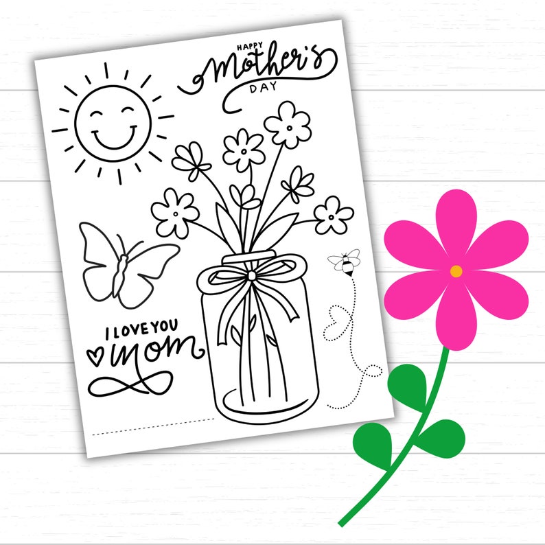Pode incluir: Um desenho a preto e branco de um buqu&ecirc; de flores, um sol sorridente, uma borboleta e as palavras "Happy Mother's Day" e "I love you Mom". H&aacute; tamb&eacute;m uma flor rosa com uma haste verde.