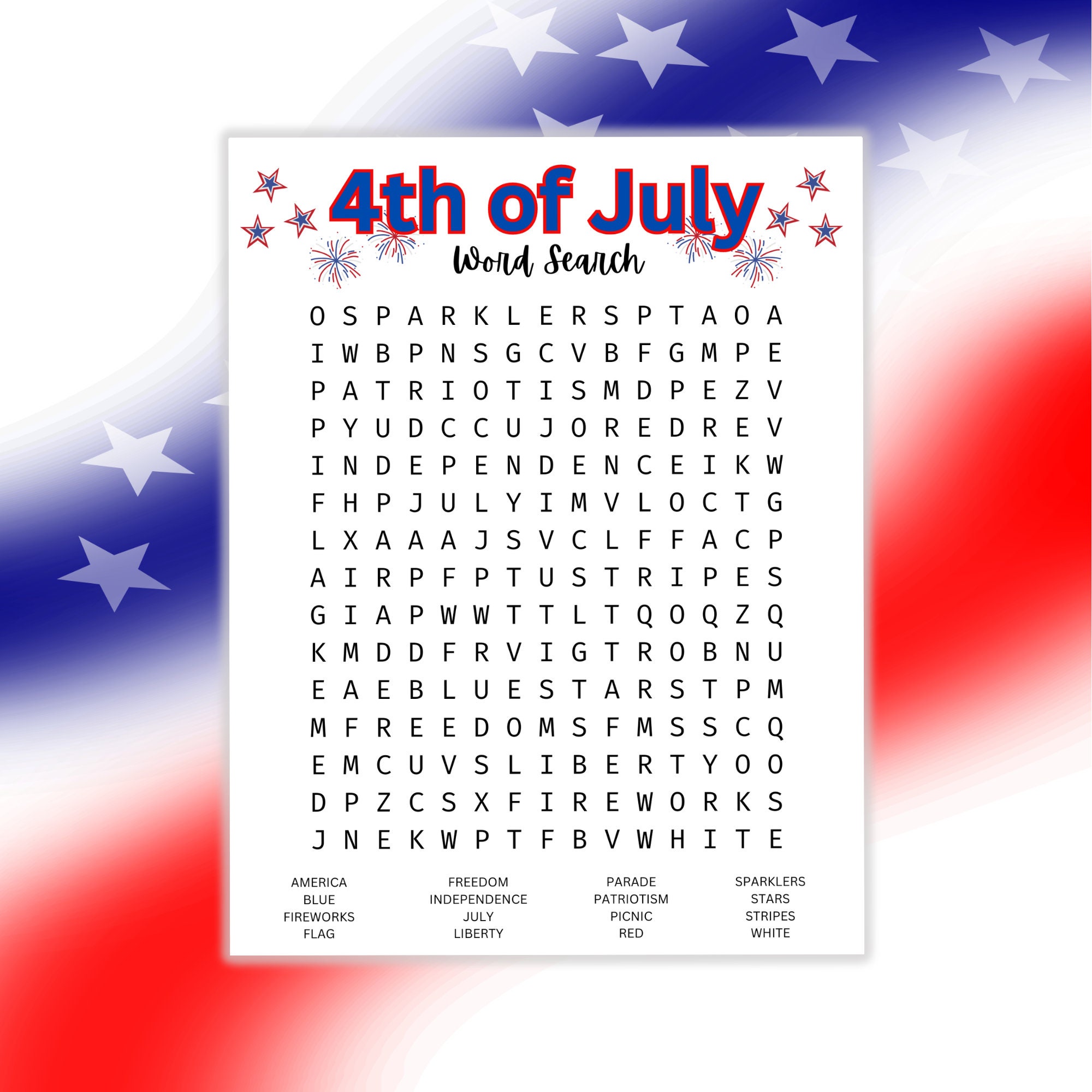 4th of July Word Search Game Printable for Kids - Etsy