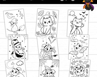 Cute Halloween Cat Coloring Pages, Printable Halloween Coloring Pages, Spooky Cats, Halloween Activities for Kids, Cute Cat Coloring Pages