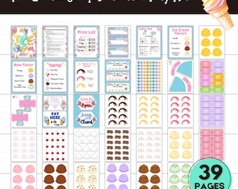 Kit de juego de rol de heladería, juego de simulación de heladería, imprimibles de helados, imprimibles de verano para niños, set de juego de rol imprimible