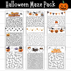 May include: A Halloween Maze Pack with nine mazes, each with Halloween illustrations. The mazes feature pumpkins, ghosts, spiders, and the text "Happy Halloween" and "Boo". The mazes are printed on white paper.