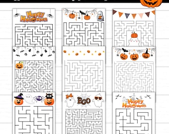 May include: A Halloween Maze Pack featuring nine mazes with a variety of Halloween-themed illustrations. The mazes include pumpkins, ghosts, spiders, and the text "Happy Halloween" and "Boo". The mazes are printed on white paper.