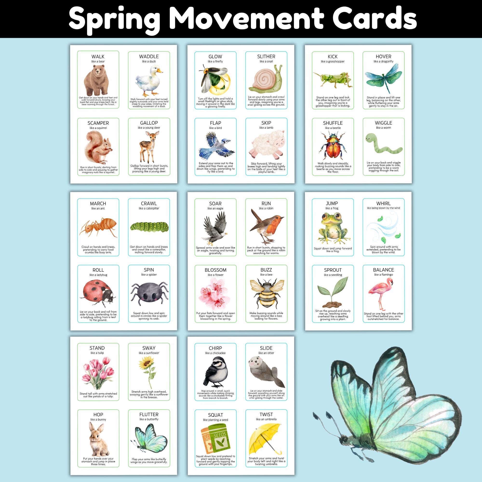 Spring Movement Cards for Kids | Printable Action Flash Cards ...