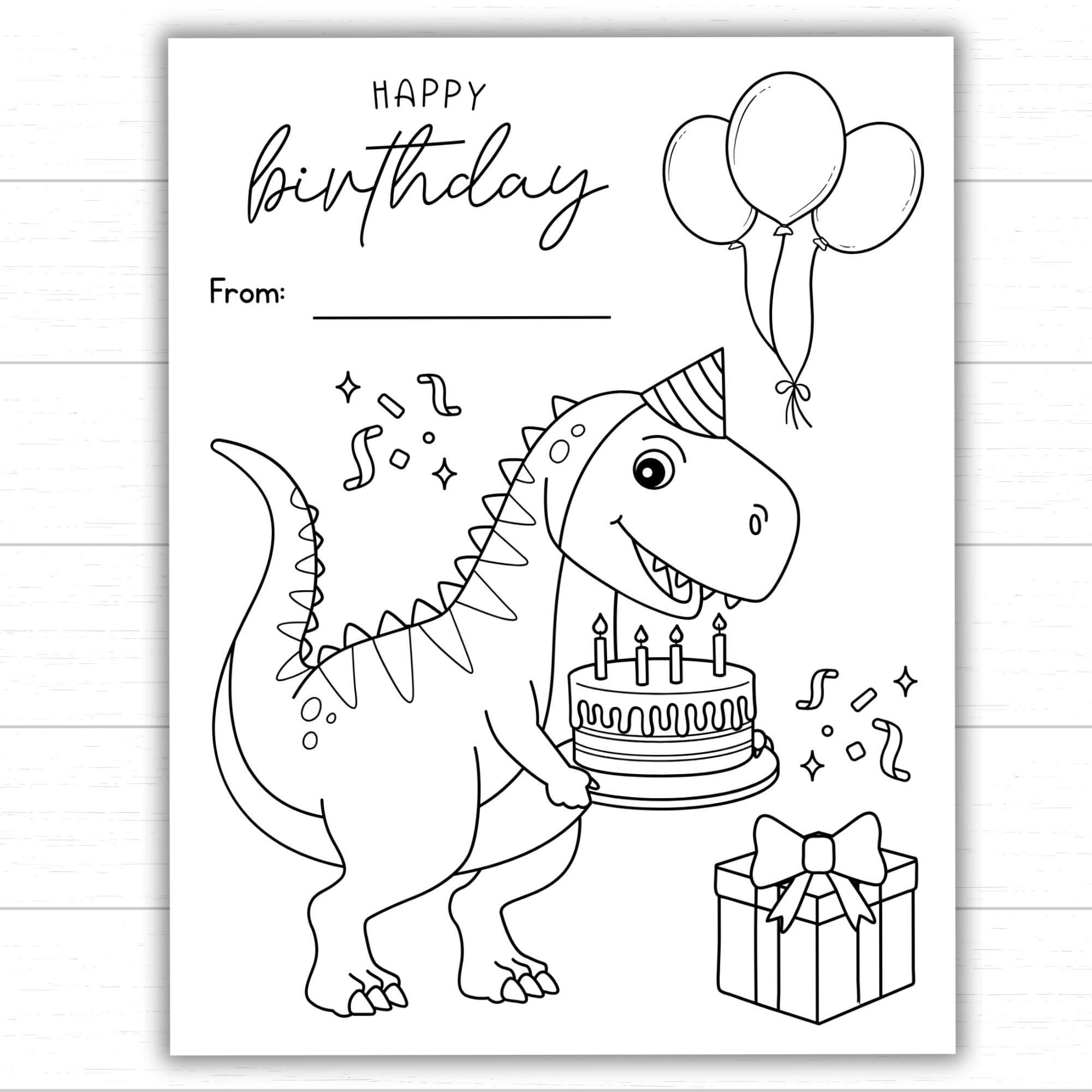 Dinosaur Happy Birthday Coloring Page, Printable Dinosaur Card to Color ...