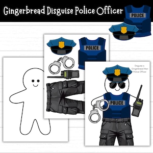 Może przedstawiać: Kapryśna ilustracja ludzika z piernika przebranego za policjanta. Obraz zawiera czapkę policyjną, kamizelkę, kajdanki, spodnie i krótkofalówkę. Tekst na górze brzmi "Gingerbread Disguise Police Officer."