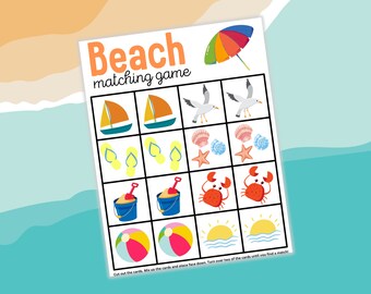 Beach Matching Printable Game for Kids, Summer Memory Game