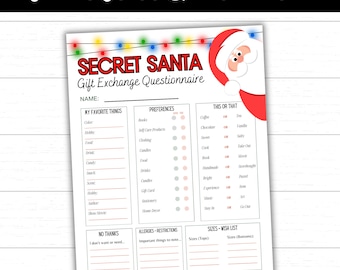 Secret Santa Questionnaire, Secret Santa Gift Exchange Printable, Questions for Secret Santa, Secret Santa Printables, Secret Santa Form