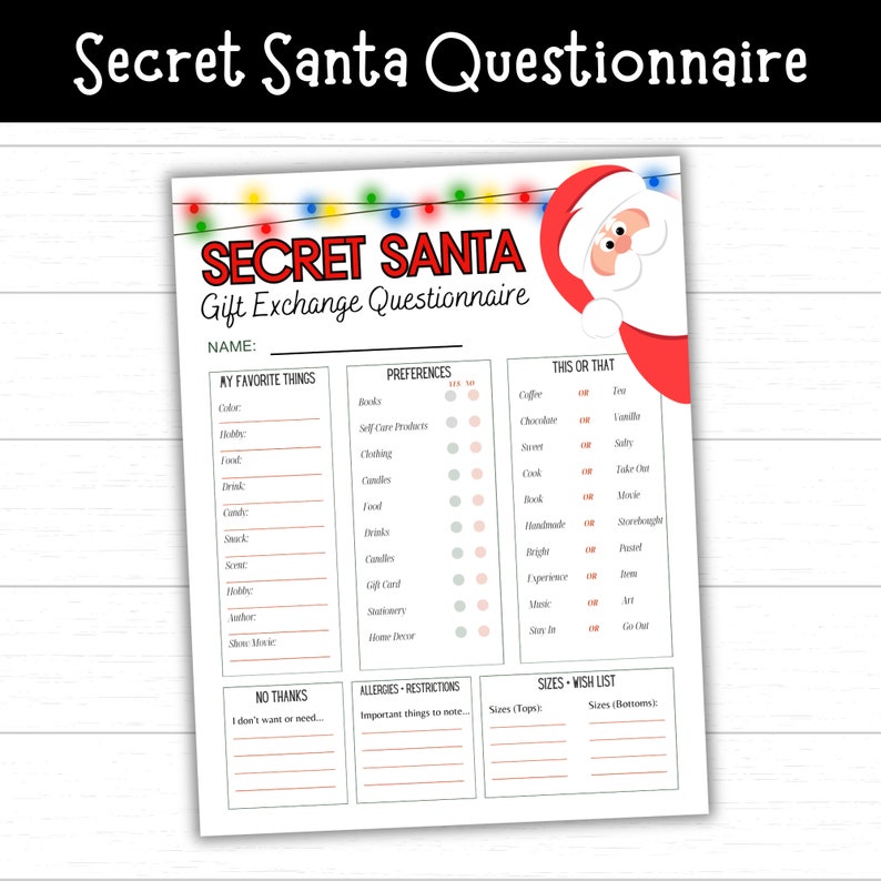 Secret Santa Questionnaire, Secret Santa Gift Exchange Printable, Questions for Secret Santa ...