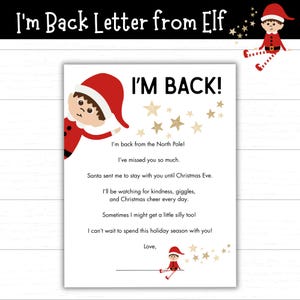 Op de afbeelding: Een witte brief met de tekst "I'm Back!" en een bericht van een elf. De brief bevat illustraties van elfen en gouden sterren, met de woorden "I'm back from the North Pole!" en "Love,"