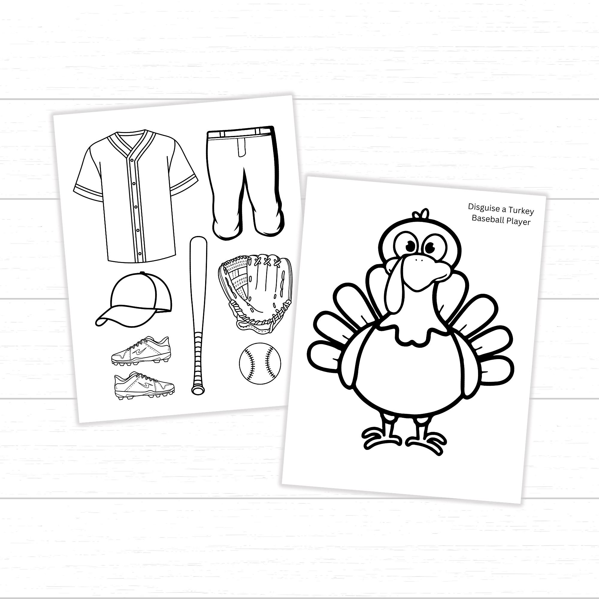 disguise a turkey baseball player, black and white printable