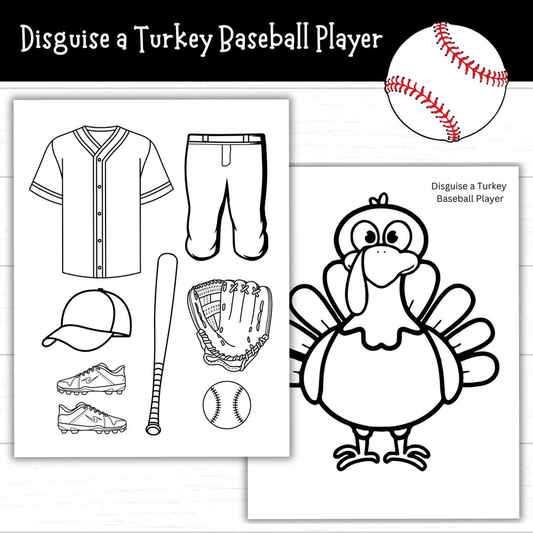 disguise a turkey baseball player, black and white printable