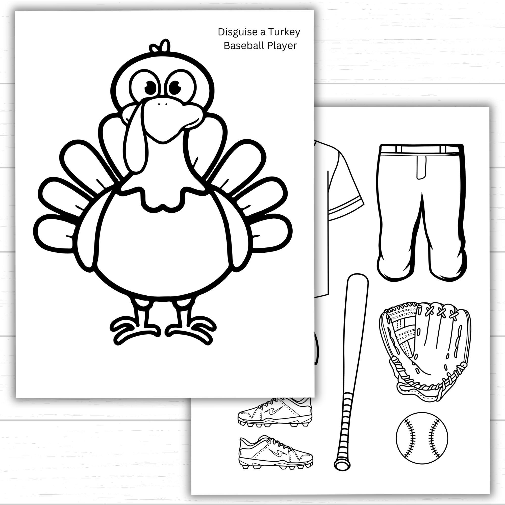 disguise a turkey baseball player, black and white printable