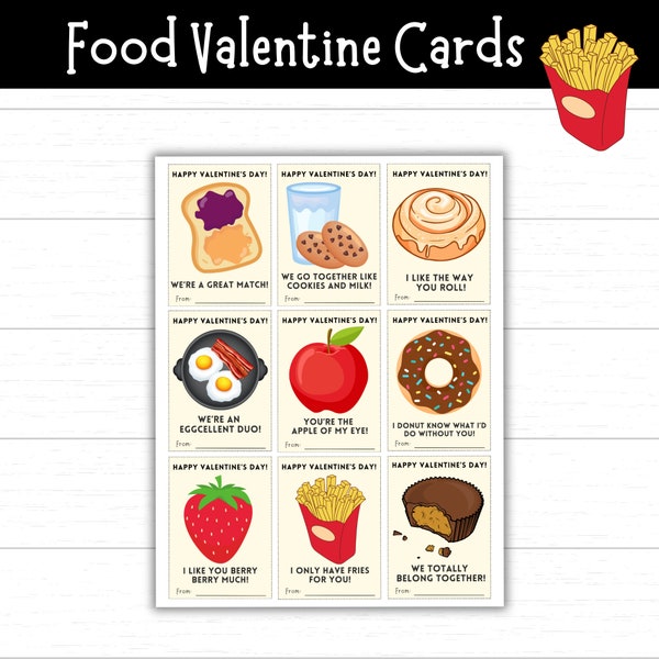 Food Valentine's Day Cards, Printable Food Valentines, Cute Food Valentine Cards for Kids, Printable Valentines for Kids, Food Valentines