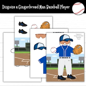 May include: A printable activity for kids featuring a gingerbread man dressed as a baseball player. The printable includes a baseball, glove, hat, sunglasses, shoes, and a jersey. The activity encourages children to cut out the pieces and dress the gingerbread man.