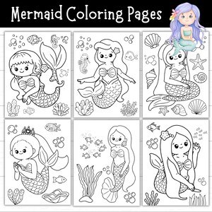 Printable Mermaid Coloring Pages for Kids, Under the Sea Coloring Sheets, Summer Activity, Ocean Themed Printable, Mermaid Party Favor, PDF