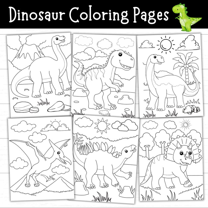May include: Black and white coloring pages featuring different dinosaurs, including a stegosaurus, a triceratops, a pterodactyl, and a brachiosaurus. The pages are designed for children to color.