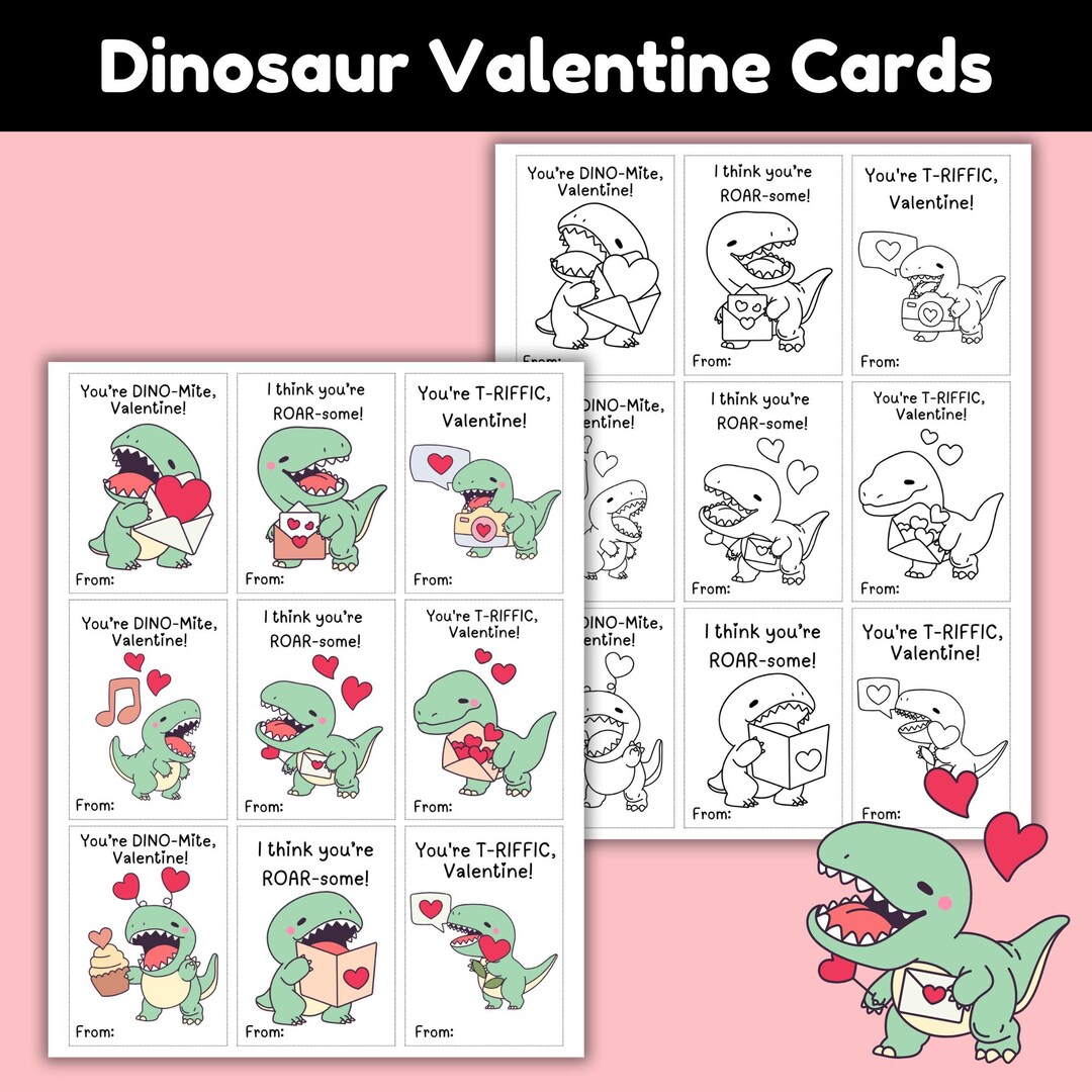 Cute Dinosaur Valentine's Day Cards, Printable T-rex Valentines ...