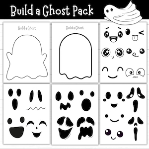 Puede incluir: Un "Build a Ghost Pack" en blanco y negro con contornos de fantasmas y rasgos faciales. El paquete incluye formas de fantasmas y varios ojos, bocas y otras características para crear diseños de fantasmas únicos. Ideal para manualidades de Halloween.