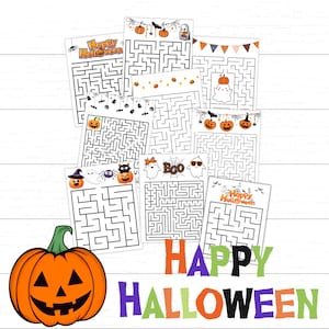 May include: A collection of Halloween-themed maze puzzles with various designs, including pumpkins, ghosts, and spiders. The phrase "Happy Halloween" is displayed in colorful letters, and a large orange pumpkin is in the foreground.