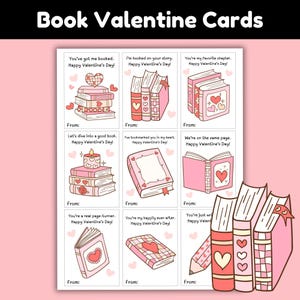 Book Valentine Cards Printable for Kids, Book-Themed Valentine’s Day Cards for Classroom Exchange, Library & Teacher Valentines