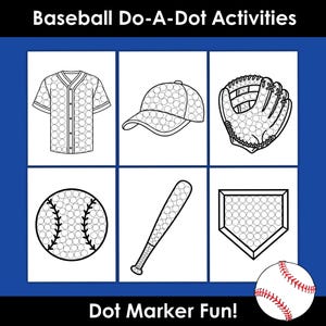 Könnte beinhalten: Baseball-Aktivitätsseiten mit Punkt-zu-Punkt-Designs. Enthält ein Baseballtrikot, eine Kappe, einen Handschuh, einen Ball, einen Schläger und die Homeplate. Der Text lautet "Baseball Do-A-Dot Activities" und "Dot Marker Fun!"